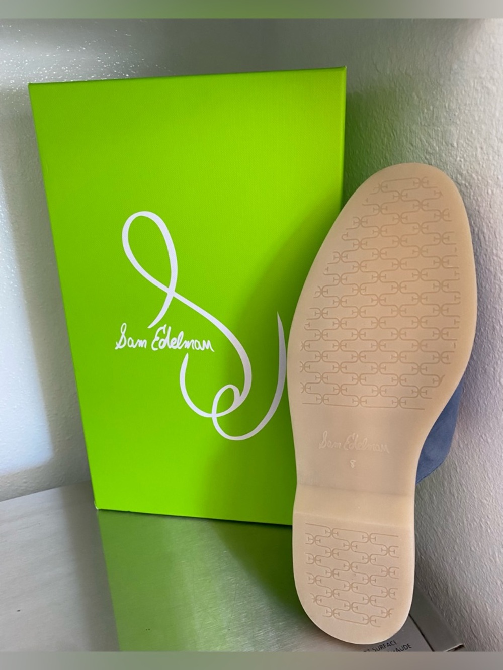 NEW.. SAM EDELMAN WOMENS BLUE SUEDE SLIP ON LOAFER MULES WITH BIT GOLD HARDWARE - Picture 6 of 10